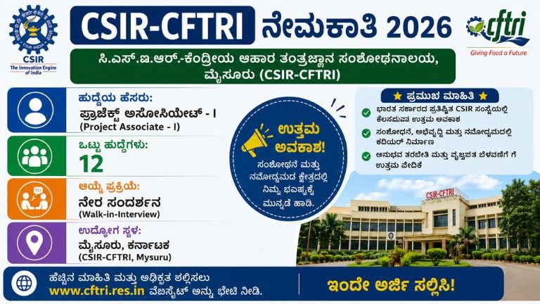 CFTRI ಮೈಸೂರು ನೇಮಕಾತಿ 2026: 12 ಪ್ರಾಜೆಕ್ಟ್ ಅಸೋಸಿಯೇಟ್ ಹುದ್ದೆಗಳಿಗೆ ನೇರ ಸಂದರ್ಶನ, ಇಲ್ಲಿದೆ ಕಂಪ್ಲೀಟ್ ಡಿಟೇಲ್ಸ್!