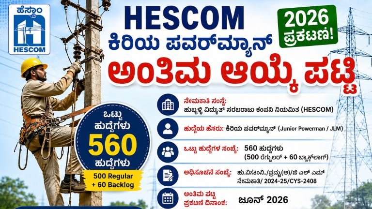 ಹೆಸ್ಕಾಂ ಕಿರಿಯ ಪವರ್‌ಮ್ಯಾನ್ ಅಂತಿಮ ಆಯ್ಕೆ ಪಟ್ಟಿ 2026 ಪ್ರಕಟ
